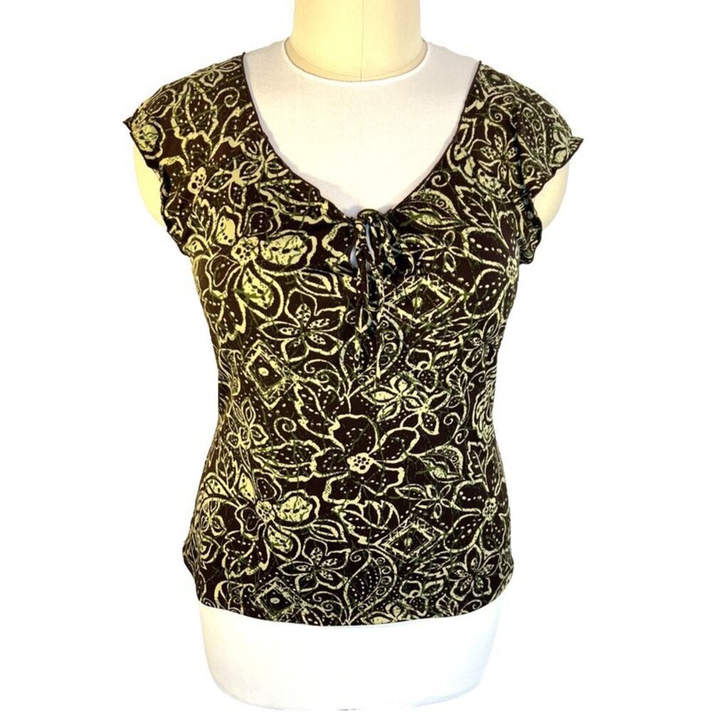 Carol Rose Blouse Women's XL Brown Green Flutter Cap Sleeve Island Print